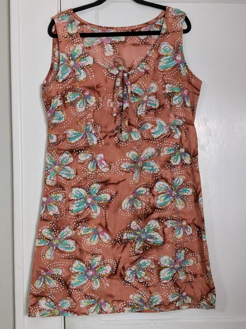 Women's Large Dress Pink Multi Color Stitching Boho Floral Tie Dye Lightweight
